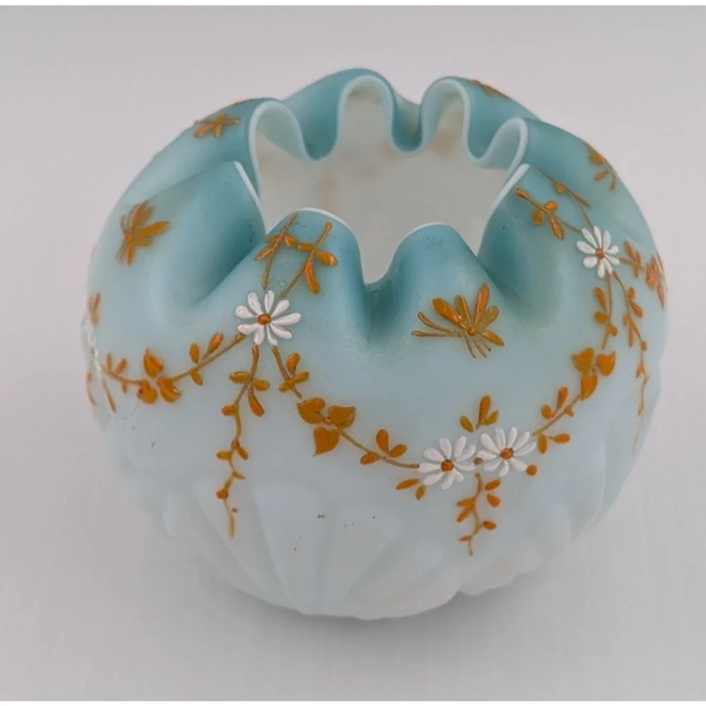 Antique Blue White Rose Bowl Cased Glass Shell Motif Floral Hand Painted Decor